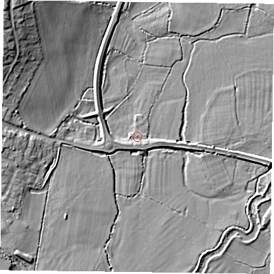Shaded relief map of the ground around RG29EA, computed from Environment Agency LiDAR. The ground here sits at about 41 m above sea level and falls 14 m across the surrounding 800 m. Surface water reaching this point runs off ground lying to the south-west, 1.4 m higher.