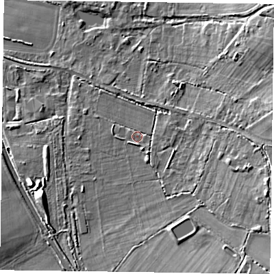 Shaded relief map of the ground around RG29HP, computed from Environment Agency LiDAR. The ground here sits at about 49 m above sea level and falls 12 m across the surrounding 800 m. Surface water reaching this point runs off ground lying to the east-south-east, 7.2 m higher.