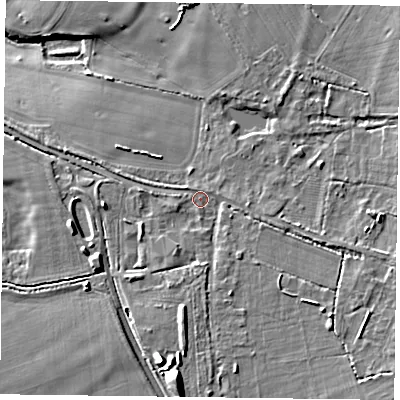 Shaded relief map of the ground around RG29HS, computed from Environment Agency LiDAR. The ground here sits at about 48 m above sea level and falls 12 m across the surrounding 800 m. Surface water reaching this point runs off ground lying to the south, 7.0 m higher.