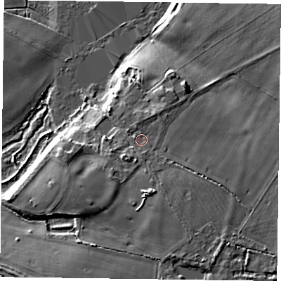 Shaded relief map of the ground around RG29HX, computed from Environment Agency LiDAR. The ground here sits at about 46 m above sea level and falls 10 m across the surrounding 800 m. Surface water reaching this point runs off ground lying to the south-south-east, 3.0 m higher.