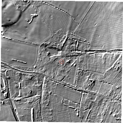 Shaded relief map of the ground around RG29JB, computed from Environment Agency LiDAR. The ground here sits at about 48 m above sea level and falls 12 m across the surrounding 800 m. Surface water reaching this point runs off ground lying to the east, 8.2 m higher.