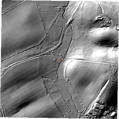 Shaded relief map of the ground around RG29JE, computed from Environment Agency LiDAR. The ground here sits at about 44 m above sea level and falls 22 m across the surrounding 800 m. Surface water reaching this point runs off ground lying to the east, 20.6 m higher.