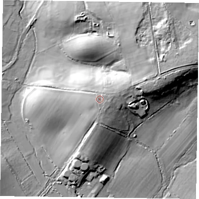 Shaded relief map of the ground around RG29JG, computed from Environment Agency LiDAR. The ground here sits at about 64 m above sea level and falls 32 m across the surrounding 800 m. Surface water reaching this point runs off ground lying to the east-south-east, 1.4 m higher.