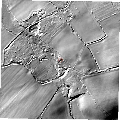 Shaded relief map of the ground around RG29JJ, computed from Environment Agency LiDAR. The ground here sits at about 48 m above sea level and falls 16 m across the surrounding 800 m. Surface water reaching this point runs off ground lying to the east-north-east, 2.8 m higher.