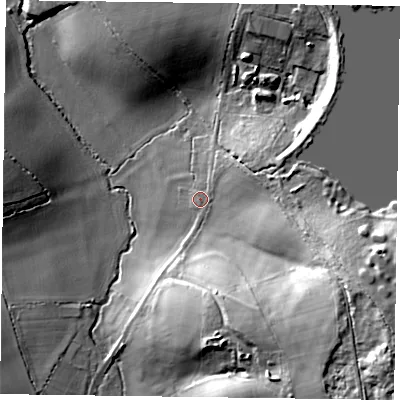 Shaded relief map of the ground around RG29JQ, computed from Environment Agency LiDAR. The ground here sits at about 48 m above sea level and falls 32 m across the surrounding 800 m. Surface water reaching this point runs off ground lying to the south-east, 24.8 m higher.