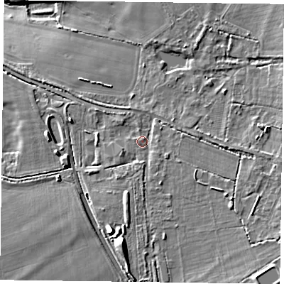 Shaded relief map of the ground around RG29JW, computed from Environment Agency LiDAR. The ground here sits at about 48 m above sea level and falls 12 m across the surrounding 800 m. Surface water reaching this point runs off ground lying to the south, 6.6 m higher.