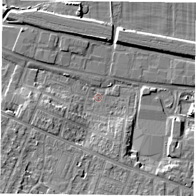 Shaded relief map of the ground around RG301AE, computed from Environment Agency LiDAR. The ground here sits at about 39 m above sea level and falls 15 m across the surrounding 800 m. Surface water reaching this point runs off ground lying to the south-west, 13.3 m higher.