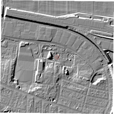 Shaded relief map of the ground around RG301AH, computed from Environment Agency LiDAR. The ground here sits at about 39 m above sea level and falls 11 m across the surrounding 800 m. Surface water reaching this point runs off ground lying to the west, 10.4 m higher.