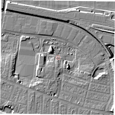 Shaded relief map of the ground around RG301AN, computed from Environment Agency LiDAR. The ground here sits at about 40 m above sea level and falls 11 m across the surrounding 800 m. Surface water reaching this point runs off ground lying to the south-east, 9.5 m higher.