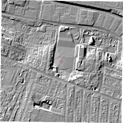Shaded relief map of the ground around RG301AW, computed from Environment Agency LiDAR. The ground here sits at about 40 m above sea level and falls 13 m across the surrounding 800 m. The ground contributing surface water to this point lies to the south-south-east.