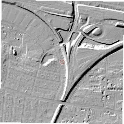 Shaded relief map of the ground around RG301BN, computed from Environment Agency LiDAR. The ground here sits at about 39 m above sea level and falls 12 m across the surrounding 800 m. Surface water reaching this point runs off ground lying to the south, 8.4 m higher.
