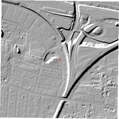 Shaded relief map of the ground around RG301BW, computed from Environment Agency LiDAR. The ground here sits at about 40 m above sea level and falls 12 m across the surrounding 800 m. Surface water reaching this point runs off ground lying to the south-south-east, 8.5 m higher.