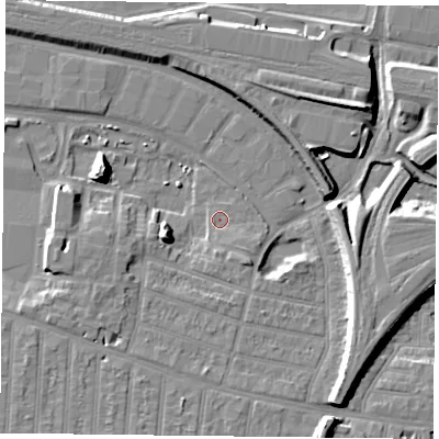 Shaded relief map of the ground around RG301BY, computed from Environment Agency LiDAR. The ground here sits at about 39 m above sea level and falls 12 m across the surrounding 800 m. Surface water reaching this point runs off ground lying to the south-south-east, 3.0 m higher.