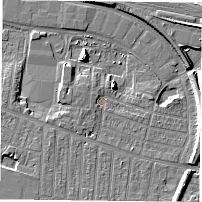 Shaded relief map of the ground around RG301DH, computed from Environment Agency LiDAR. The ground here sits at about 41 m above sea level and falls 11 m across the surrounding 800 m. Surface water reaching this point runs off ground lying to the south-west, 2.4 m higher.
