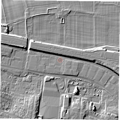 Shaded relief map of the ground around RG301DZ, computed from Environment Agency LiDAR. The ground here sits at about 40 m above sea level and falls 11 m across the surrounding 800 m. Surface water reaching this point runs off ground lying to the east-south-east, 0.7 m higher.