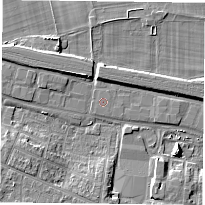 Shaded relief map of the ground around RG301EA, computed from Environment Agency LiDAR. The ground here sits at about 40 m above sea level and falls 11 m across the surrounding 800 m. The ground contributing surface water to this point lies to the east-south-east.