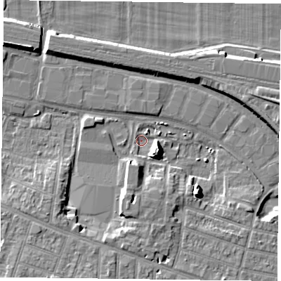 Shaded relief map of the ground around RG301EX, computed from Environment Agency LiDAR. The ground here sits at about 38 m above sea level and falls 11 m across the surrounding 800 m. Surface water reaching this point runs off ground lying to the east-south-east, 10.5 m higher.
