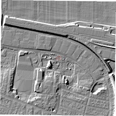 Shaded relief map of the ground around RG301FB, computed from Environment Agency LiDAR. The ground here sits at about 38 m above sea level and falls 11 m across the surrounding 800 m. Surface water reaching this point runs off ground lying to the south-west, 10.5 m higher.