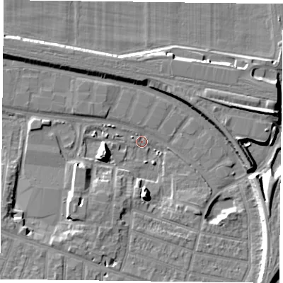 Shaded relief map of the ground around RG301FD, computed from Environment Agency LiDAR. The ground here sits at about 38 m above sea level and falls 12 m across the surrounding 800 m. Surface water reaching this point runs off ground lying to the west-south-west, 10.4 m higher.