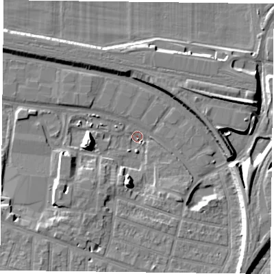 Shaded relief map of the ground around RG301FE, computed from Environment Agency LiDAR. The ground here sits at about 38 m above sea level and falls 12 m across the surrounding 800 m. Surface water reaching this point runs off ground lying to the south, 9.5 m higher.