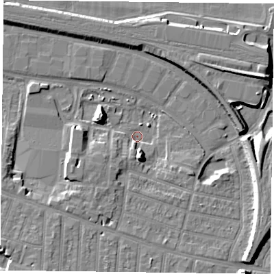Shaded relief map of the ground around RG301FF, computed from Environment Agency LiDAR. The ground here sits at about 38 m above sea level and falls 12 m across the surrounding 800 m. Surface water reaching this point runs off ground lying to the south, 9.4 m higher.