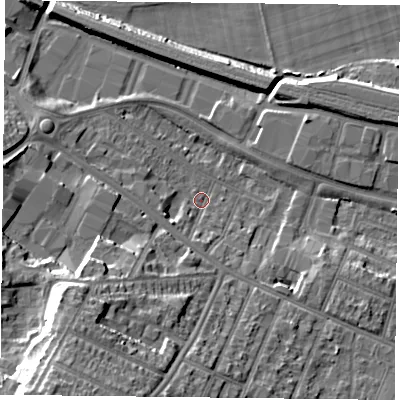Shaded relief map of the ground around RG301HR, computed from Environment Agency LiDAR. The ground here sits at about 39 m above sea level and falls 24 m across the surrounding 800 m. Surface water reaching this point runs off ground lying to the south-west, 22.8 m higher.