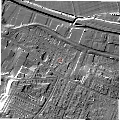 Shaded relief map of the ground around RG301HS, computed from Environment Agency LiDAR. The ground here sits at about 39 m above sea level and falls 24 m across the surrounding 800 m. Surface water reaching this point runs off ground lying to the south-west, 21.8 m higher.
