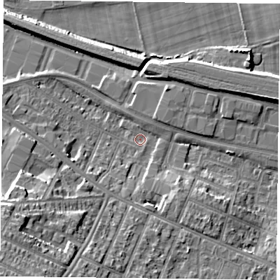 Shaded relief map of the ground around RG301HT, computed from Environment Agency LiDAR. The ground here sits at about 38 m above sea level and falls 22 m across the surrounding 800 m. Surface water reaching this point runs off ground lying to the south-west, 19.4 m higher.