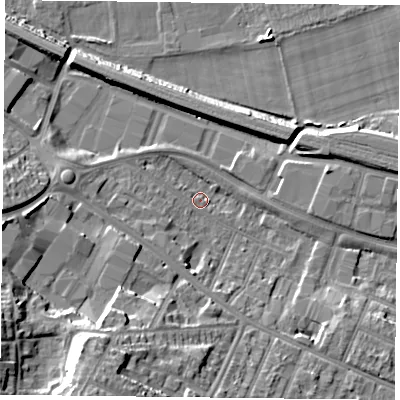 Shaded relief map of the ground around RG301HU, computed from Environment Agency LiDAR. The ground here sits at about 39 m above sea level and falls 20 m across the surrounding 800 m. Surface water reaching this point runs off ground lying to the west, 6.1 m higher.