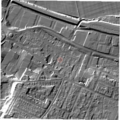 Shaded relief map of the ground around RG301HX, computed from Environment Agency LiDAR. The ground here sits at about 39 m above sea level and falls 24 m across the surrounding 800 m. Surface water reaching this point runs off ground lying to the south-west, 21.7 m higher.