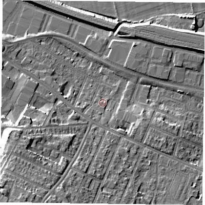 Shaded relief map of the ground around RG301HZ, computed from Environment Agency LiDAR. The ground here sits at about 40 m above sea level and falls 24 m across the surrounding 800 m. Surface water reaching this point runs off ground lying to the south-west, 22.2 m higher.