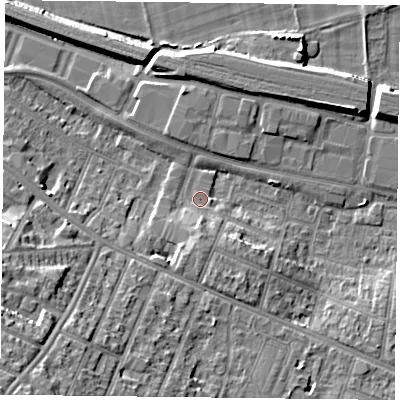 Shaded relief map of the ground around RG301JT, computed from Environment Agency LiDAR. The ground here sits at about 39 m above sea level and falls 22 m across the surrounding 800 m. Surface water reaching this point runs off ground lying to the south-east, 4.5 m higher.