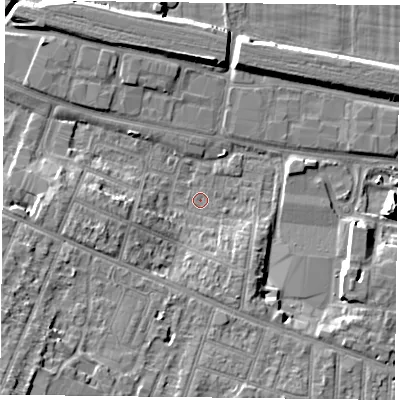 Shaded relief map of the ground around RG301JX, computed from Environment Agency LiDAR. The ground here sits at about 39 m above sea level and falls 17 m across the surrounding 800 m. Surface water reaching this point runs off ground lying to the south-west, 15.4 m higher.