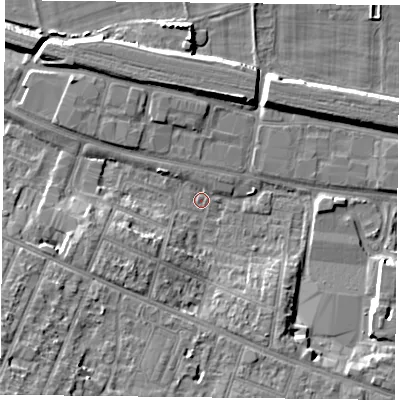 Shaded relief map of the ground around RG301JY, computed from Environment Agency LiDAR. The ground here sits at about 39 m above sea level and falls 15 m across the surrounding 800 m. Surface water reaching this point runs off ground lying to the west-south-west, 4.9 m higher.