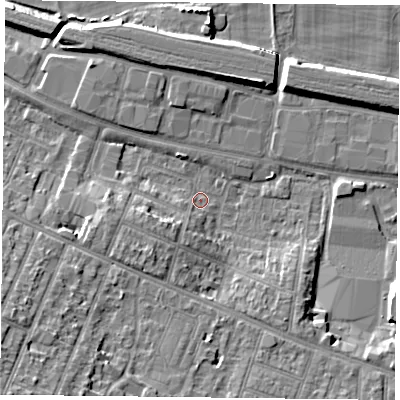 Shaded relief map of the ground around RG301LA, computed from Environment Agency LiDAR. The ground here sits at about 39 m above sea level and falls 18 m across the surrounding 800 m. Surface water reaching this point runs off ground lying to the south-south-west, 4.3 m higher.