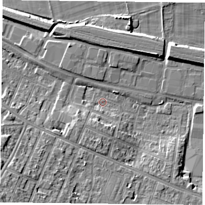Shaded relief map of the ground around RG301LB, computed from Environment Agency LiDAR. The ground here sits at about 39 m above sea level and falls 20 m across the surrounding 800 m. Surface water reaching this point runs off ground lying to the south, 2.1 m higher.