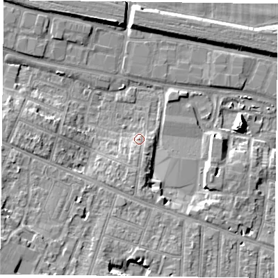 Shaded relief map of the ground around RG301LL, computed from Environment Agency LiDAR. The ground here sits at about 40 m above sea level and falls 13 m across the surrounding 800 m. Surface water reaching this point runs off ground lying to the south, 4.0 m higher.