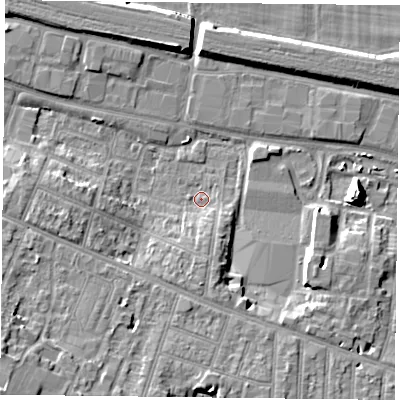 Shaded relief map of the ground around RG301LN, computed from Environment Agency LiDAR. The ground here sits at about 39 m above sea level and falls 14 m across the surrounding 800 m. Surface water reaching this point runs off ground lying to the south-south-east, 4.5 m higher.