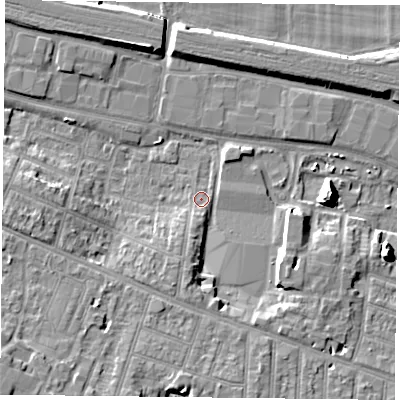Shaded relief map of the ground around RG301LP, computed from Environment Agency LiDAR. The ground here sits at about 39 m above sea level and falls 11 m across the surrounding 800 m. Surface water reaching this point runs off ground lying to the east-south-east, 4.8 m higher.