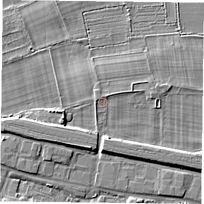 Shaded relief map of the ground around RG301LQ, computed from Environment Agency LiDAR. The ground here sits at about 39 m above sea level and falls 8 m across the surrounding 800 m. Surface water reaching this point runs off ground lying to the north-east, 1.4 m higher.