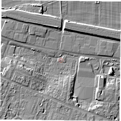 Shaded relief map of the ground around RG301LW, computed from Environment Agency LiDAR. The ground here sits at about 39 m above sea level and falls 12 m across the surrounding 800 m. Surface water reaching this point runs off ground lying to the south-west, 10.7 m higher.