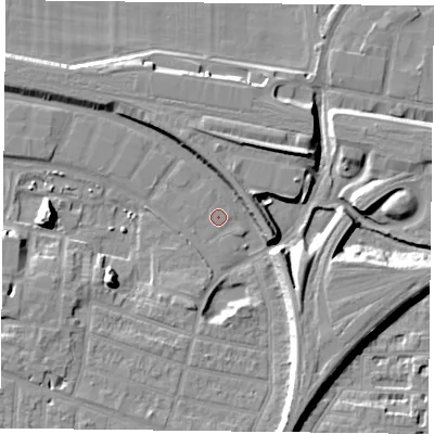 Shaded relief map of the ground around RG301NL, computed from Environment Agency LiDAR. The ground here sits at about 39 m above sea level and falls 12 m across the surrounding 800 m. Surface water reaching this point runs off ground lying to the west-south-west, 0.5 m higher.