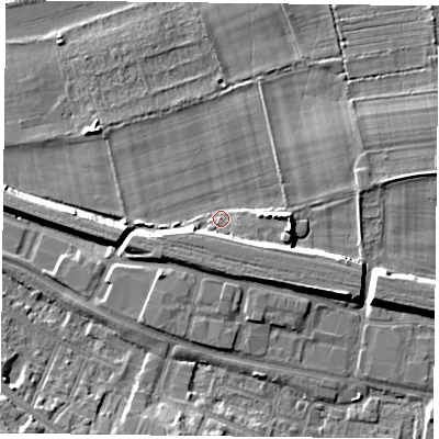Shaded relief map of the ground around RG301NP, computed from Environment Agency LiDAR. The ground here sits at about 39 m above sea level and falls 8 m across the surrounding 800 m. Surface water reaching this point runs off ground lying to the east-south-east, 5.0 m higher.