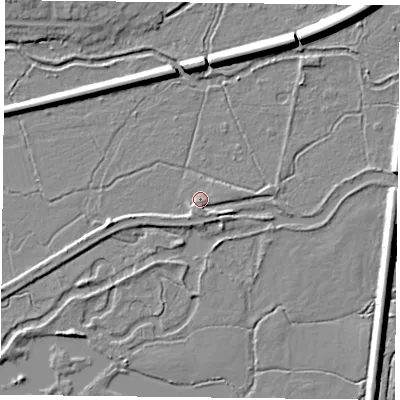 Shaded relief map of the ground around RG303DZ, computed from Environment Agency LiDAR. The ground here sits at about 41 m above sea level and falls 9 m across the surrounding 800 m. Surface water reaching this point runs off ground lying to the south, 2.2 m higher.