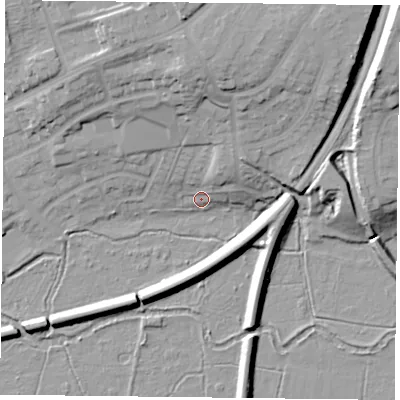 Shaded relief map of the ground around RG303EB, computed from Environment Agency LiDAR. The ground here sits at about 41 m above sea level and falls 20 m across the surrounding 800 m. Surface water reaching this point runs off ground lying to the north-north-east, 19.0 m higher.