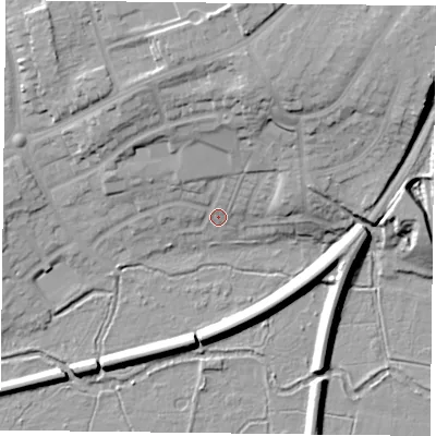 Shaded relief map of the ground around RG303ED, computed from Environment Agency LiDAR. The ground here sits at about 42 m above sea level and falls 20 m across the surrounding 800 m. Surface water reaching this point runs off ground lying to the north-north-east, 14.5 m higher.