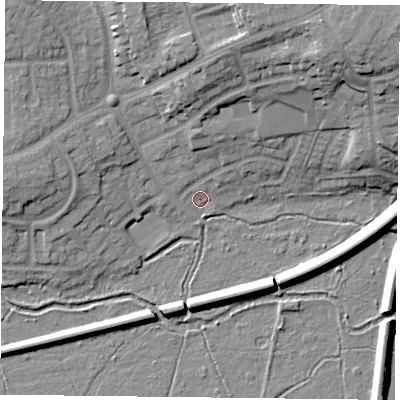 Shaded relief map of the ground around RG303HH, computed from Environment Agency LiDAR. The ground here sits at about 40 m above sea level and falls 19 m across the surrounding 800 m. Surface water reaching this point runs off ground lying to the north-north-east, 2.0 m higher.