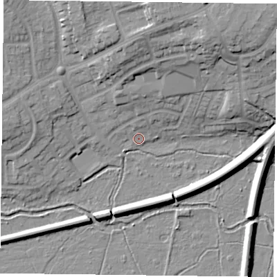 Shaded relief map of the ground around RG303HJ, computed from Environment Agency LiDAR. The ground here sits at about 40 m above sea level and falls 20 m across the surrounding 800 m. Surface water reaching this point runs off ground lying to the north-north-east, 19.3 m higher.