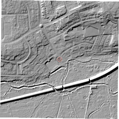 Shaded relief map of the ground around RG303HN, computed from Environment Agency LiDAR. The ground here sits at about 40 m above sea level and falls 19 m across the surrounding 800 m. Surface water reaching this point runs off ground lying to the north-east, 16.5 m higher.