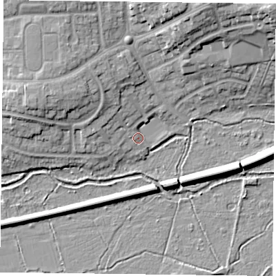 Shaded relief map of the ground around RG303HR, computed from Environment Agency LiDAR. The ground here sits at about 42 m above sea level and falls 18 m across the surrounding 800 m. Surface water reaching this point runs off ground lying to the west-south-west, 1.7 m higher.